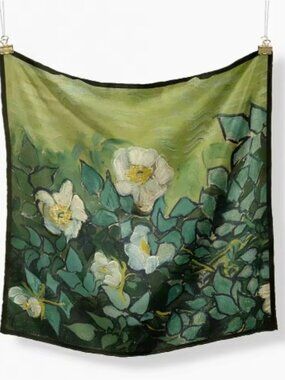 Van Gogh Wild Roses Silk Feel Square Scarf Floral Art 20.75" x 20.75" NEW